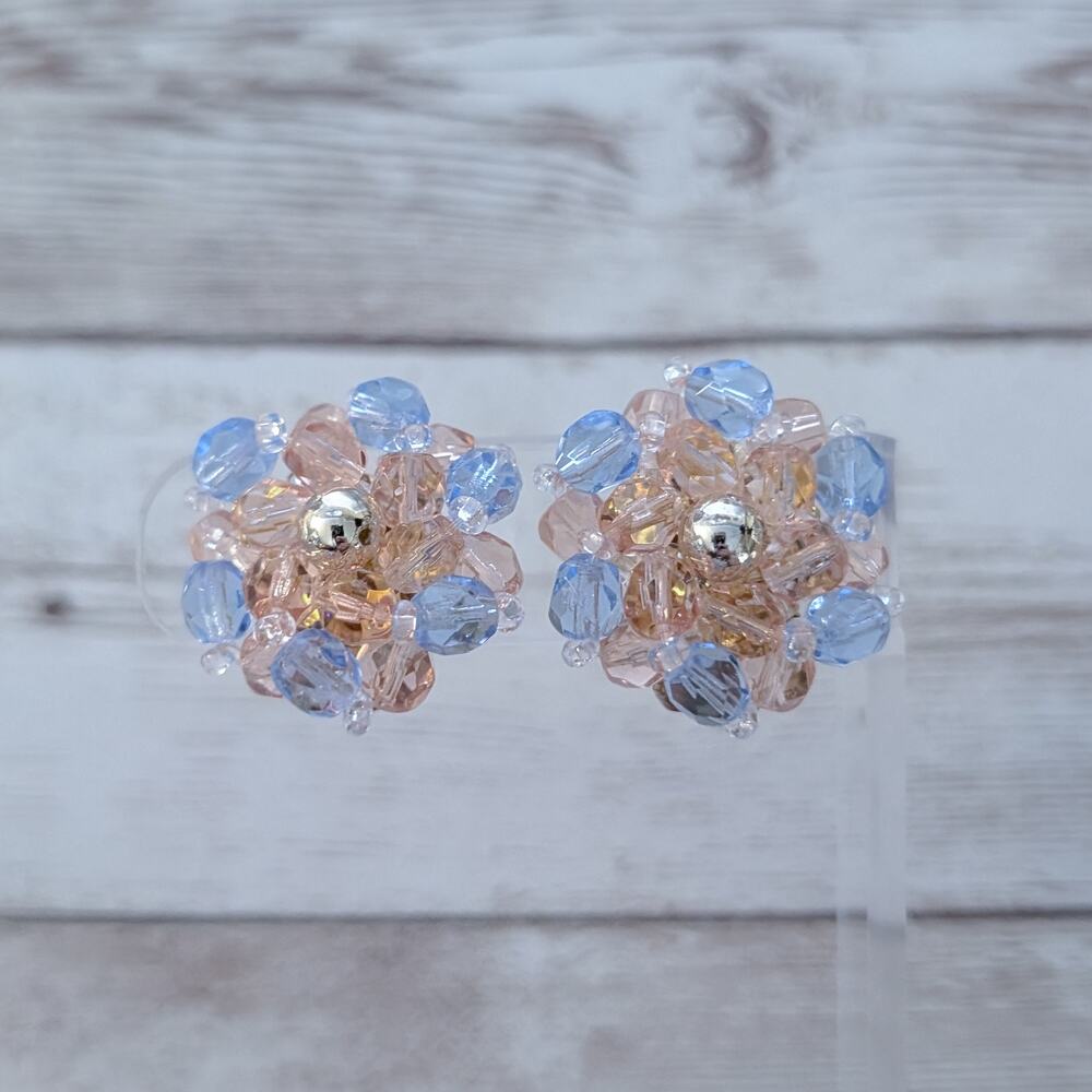 Vintage Clip On Earrings Large Pastel Tone Pink & Blue Statement - Loose Clip